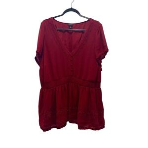 Torrid Burgundy Smocked Waist Babydoll Top Lace V-Neck Embroidered Hem Plus 3 3X
